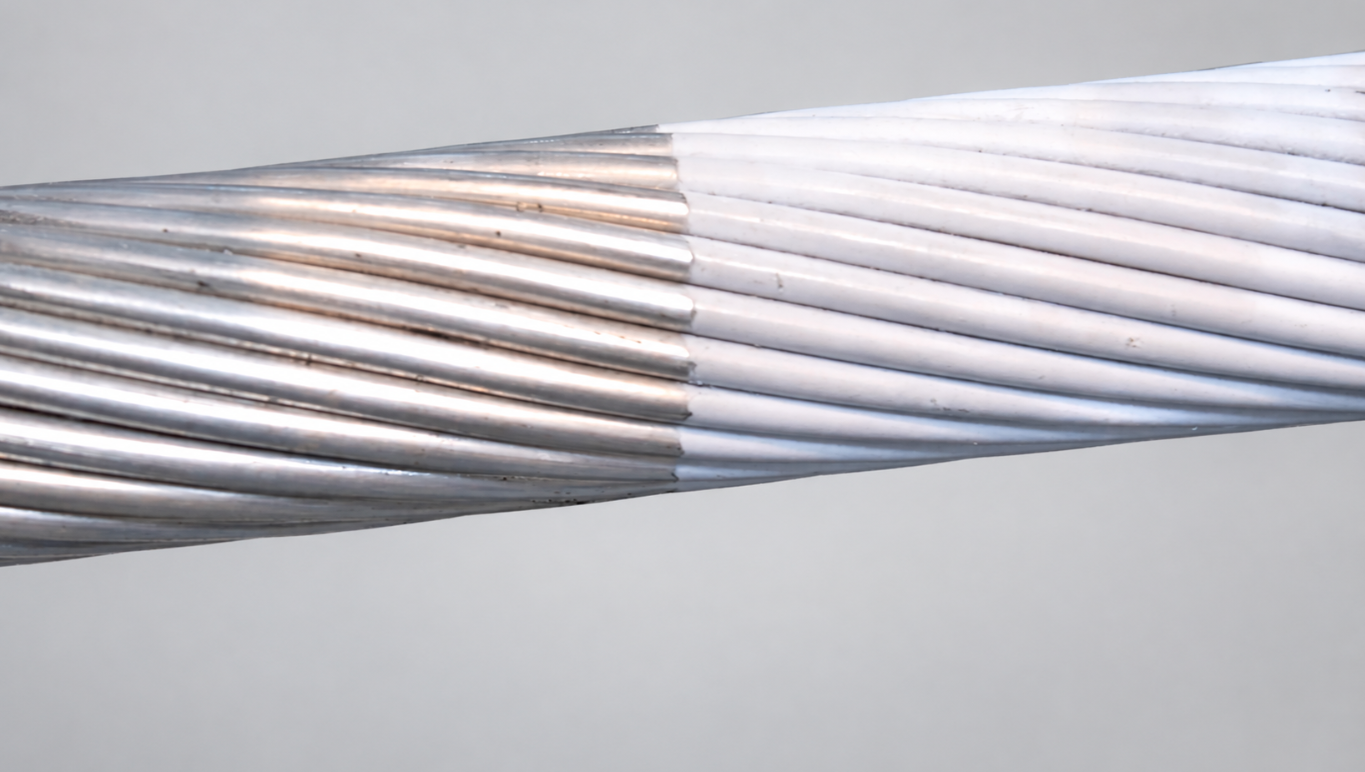 Bare overhead conductor alongside a section protected by the Kratos proprietary material system